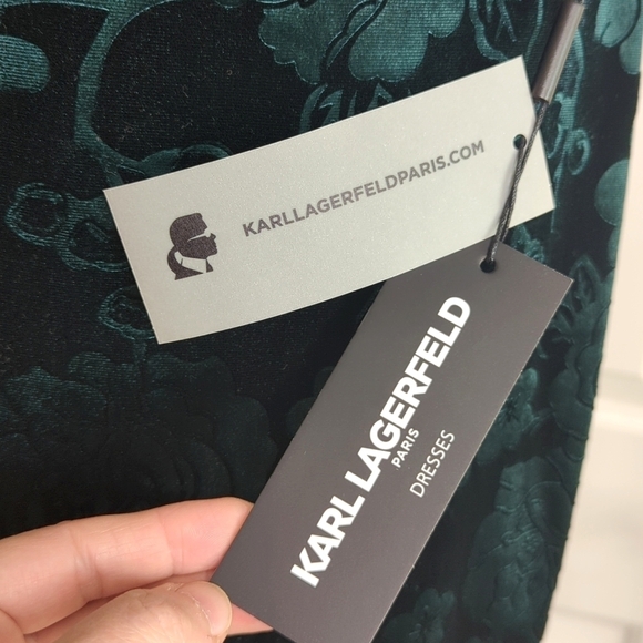 Karl Lagerfeld Floral & Butterfly Pine Green Velvet Bell Sleeve Midi Dress 2 - Picture 7 of 13